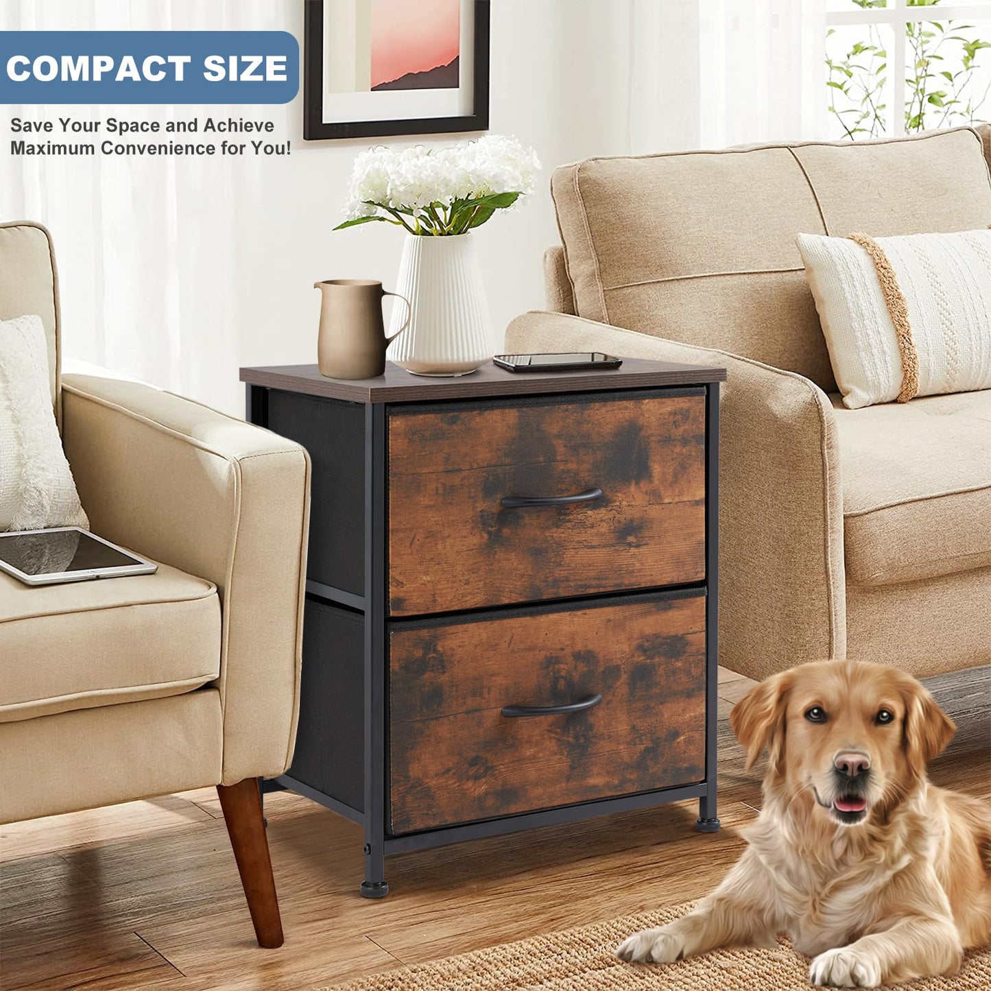 DUMOS Nightstand Small Dresser with 2 Fabric Drawers Side Tables Bedroom End Table Kids Bedside Storage Furniture for 20 inch Tall Night Stand for Closet, Entryway, College Dorm, Rustic Brown 2 Pack