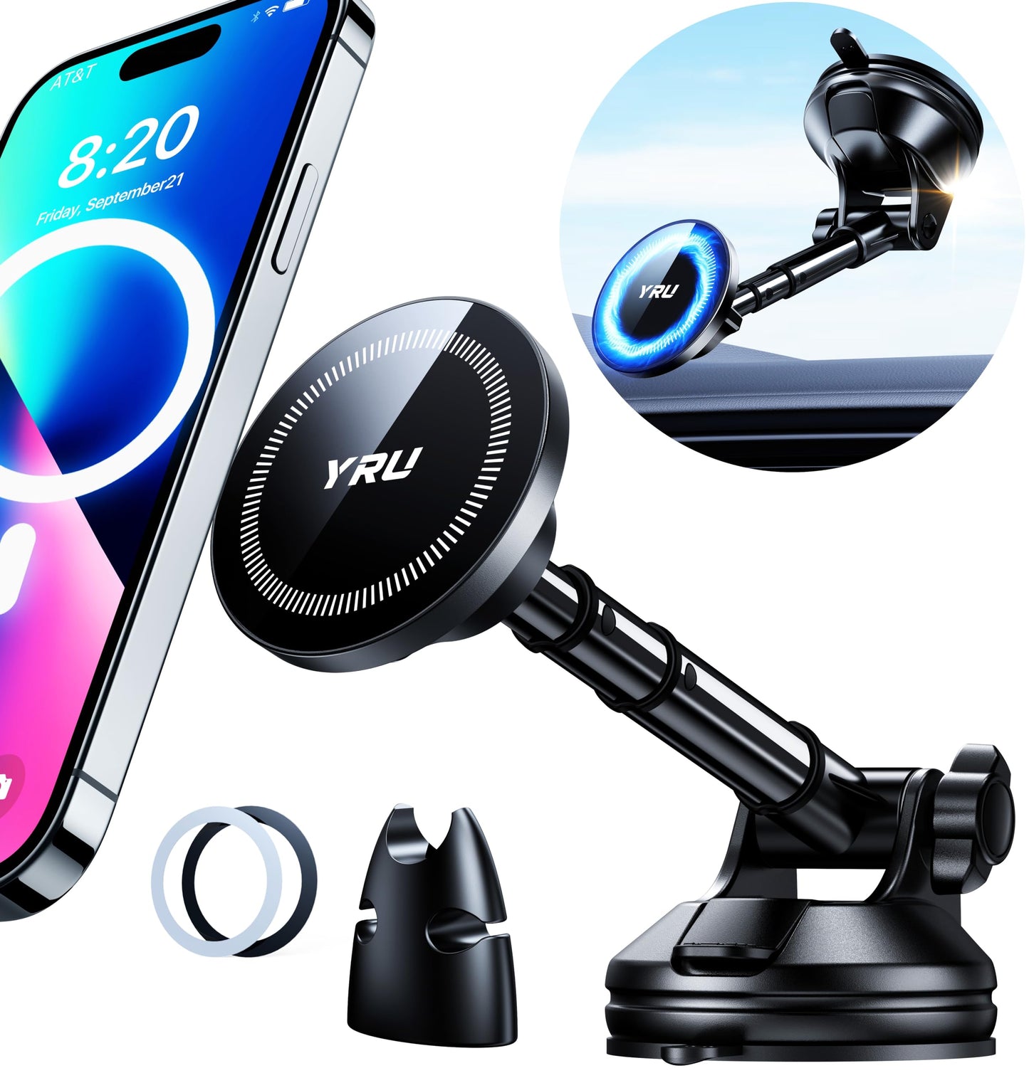 YRU [2025 Upgraded] Magnetic Phone Holder for Car【Patented & Super Magnet】 for MagSafe Car Mount Dashboard Magnet Phone Holder Windshield Phone Stand for iPhone 16 15 14 13 12 Pro Max Samsung, Black