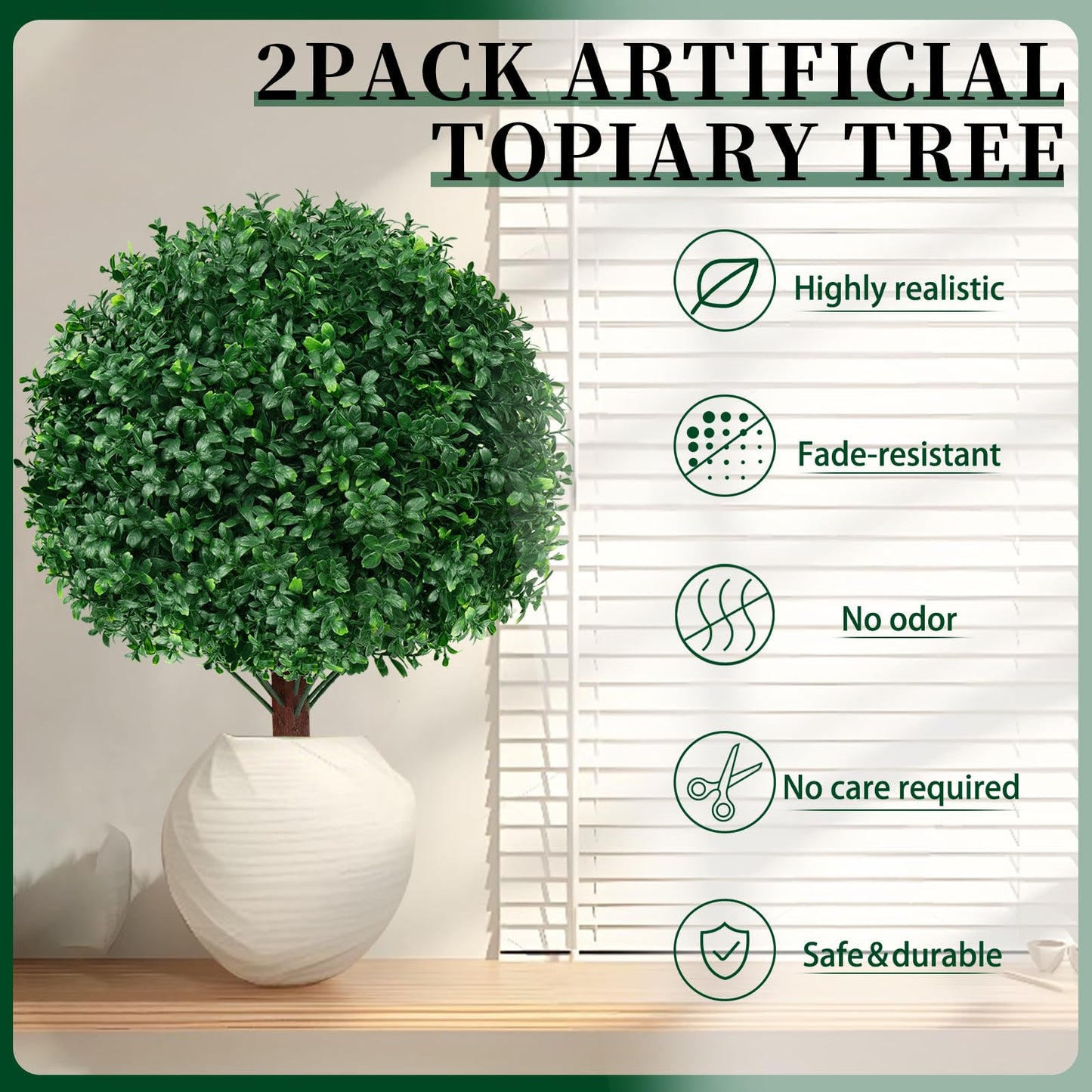 EverNature 2Pack Artificial Boxwood Topiary Ball Trees, 16'' UV Resistant Fake Evergreen Shrubs Bushes Plants with Ground Spike, Fake Plants for Outdoor Indoor Front Porch Garden