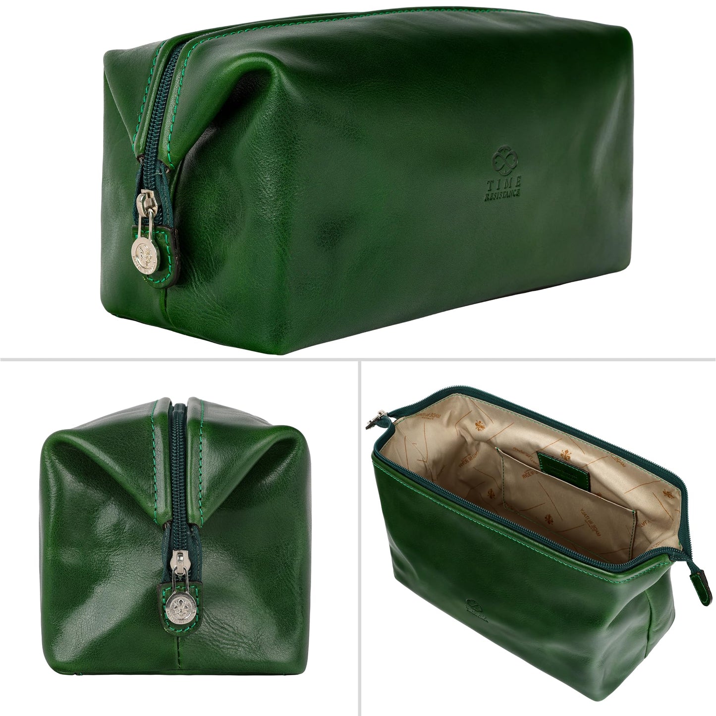 Time Resistance Leather Toiletry Bag - Italian Cosmetic Case Dopp Kit (Green)