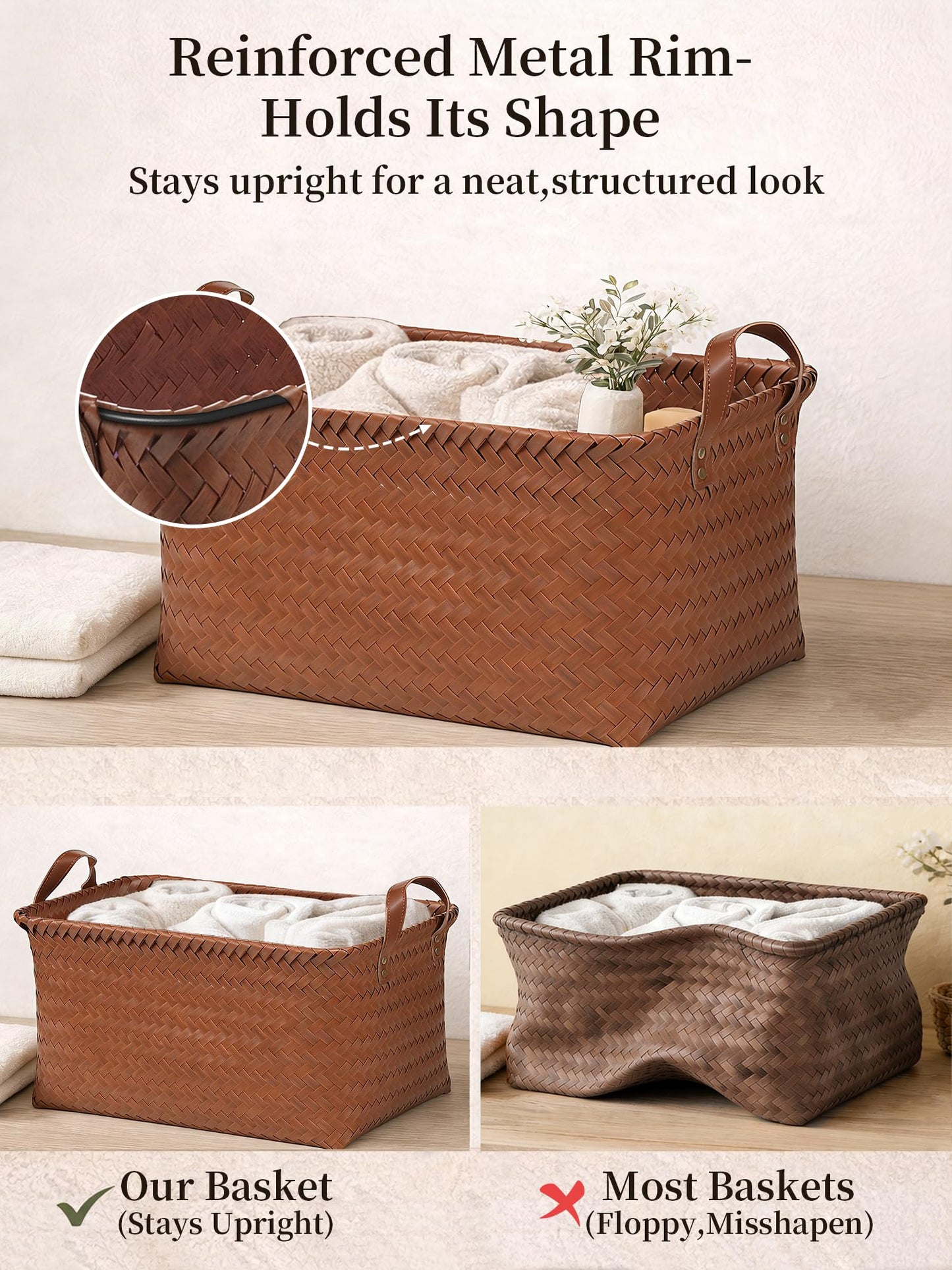 Panovox Hand Woven Baskets for Storage, 4Pcs Water-Resistant Wicker Baskets, Brown Wicker Storage Baskets for Shelves, Large Basket with Handle for Organizing, Clothes, Laundry, Blanket - Rectangular