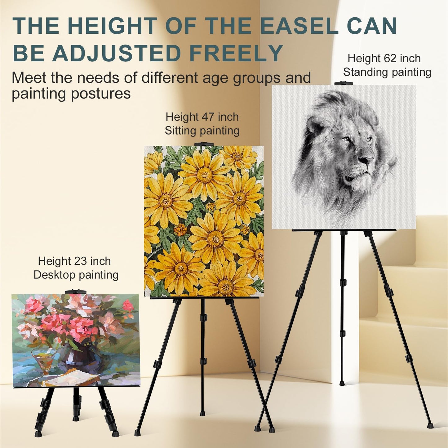 AROIC 8 Pack Painting Display Easel Stand Portable Adjustable Metal Tripod Artist Canvases Height from17to66Inch Extra Sturdy forTable-Top/Floor Painting, Drawingand Displaying,Black with8Storage Bag
