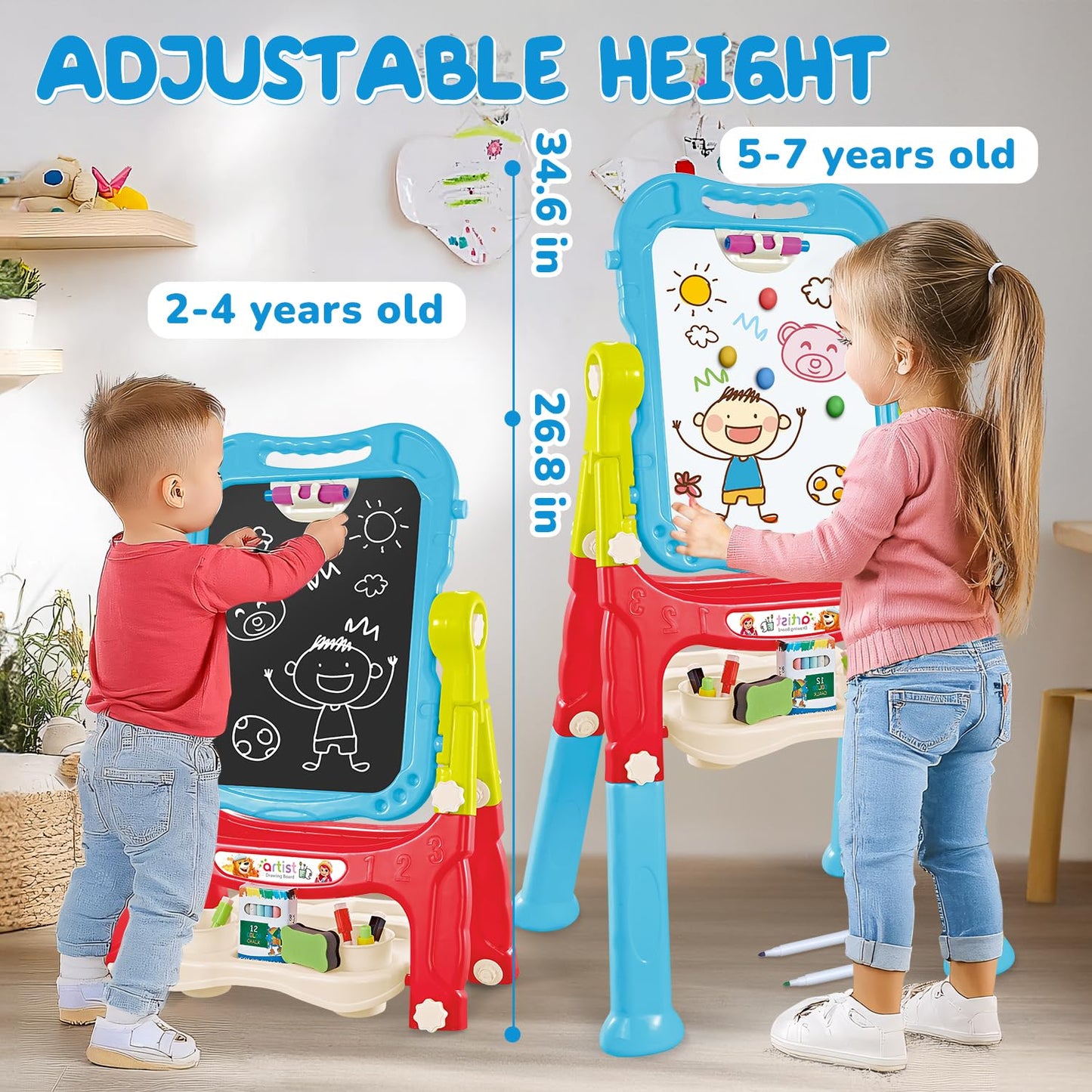 Toddler Art Easel Toys, Magnetic Chalk Board and White Board Easel for Kids with Painting Accessories, Rotatable Double Sided Easel, Birthday Gift for Boys and Girls
