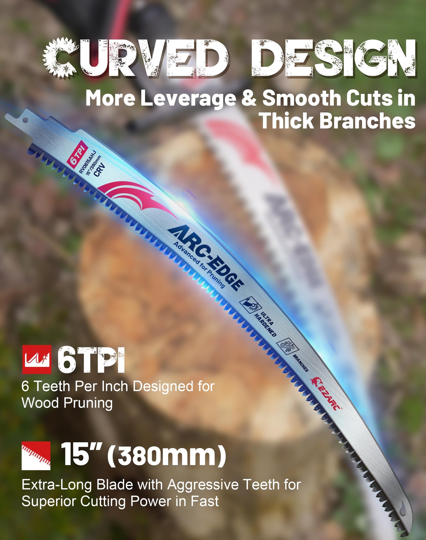 EZARC Japanese Teeth Reciprocating Saw Blades 15 Inch, Arc Edge Wood Pruning Saw Blades 6TPI for Tree Trimming, Wood Cutting, 10 Pieces