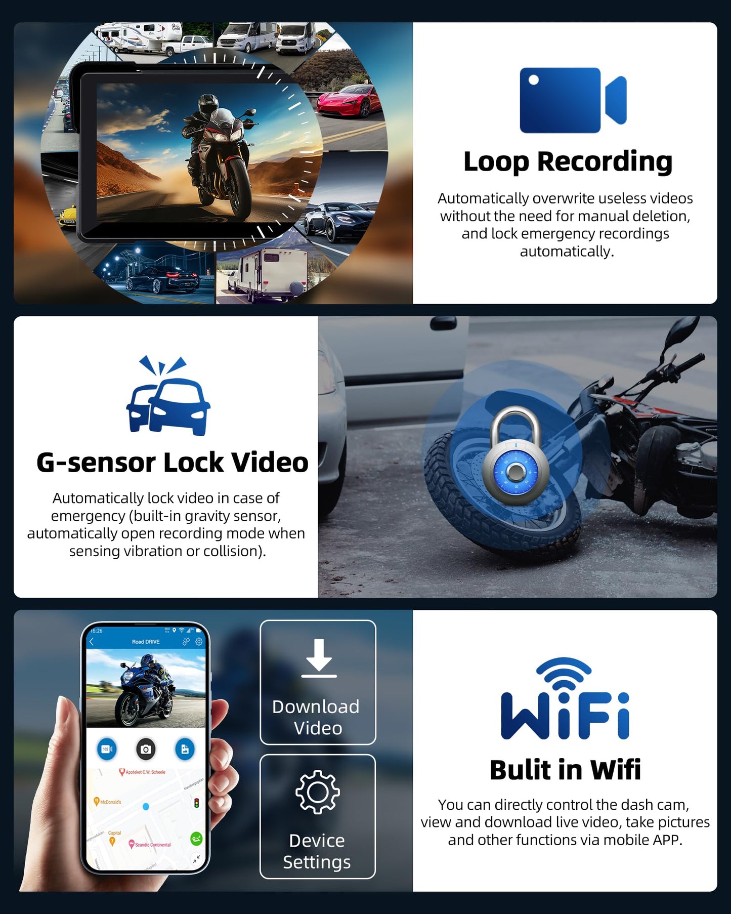7 inch Motorcycle CarPlay Motorcycle w Dual 2K Dash Cam Wireless Carplay Android Auto Screen for Moto with GPS Navigation for Motorbike Voice Control Light Sensor Bluetooth TF-64G Waterproof