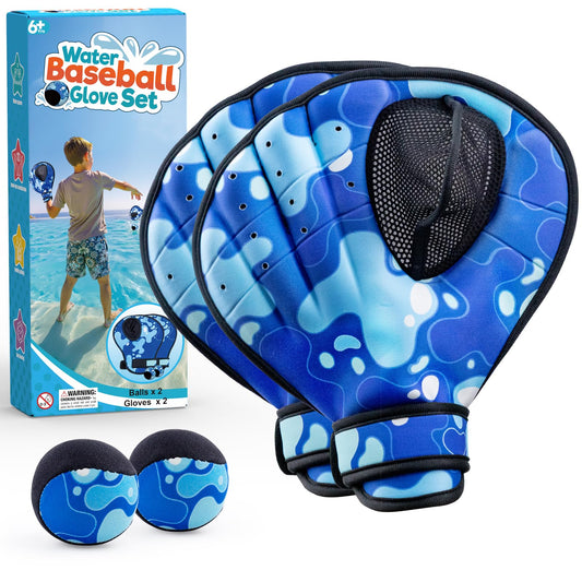 Ayeboovi Water Ball and Gloves Set for Pool Toys & Beach Games, Baseball Style Glove for Catching Bouncing Balls, Water Skipping Ball for Summer Family Game Adult Teen & Kids Ages 8+, Blue