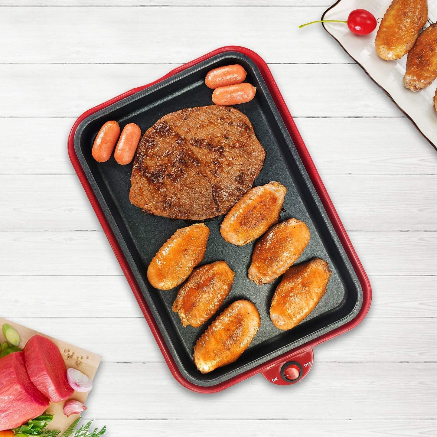 Health and Home Multifunction Nonstick Baking Maker with 3 Interchangeable Baking Plates for Fried Eggs, Fried Steak, Takoyaki, Cake Pops, Grill Maker, RED-1