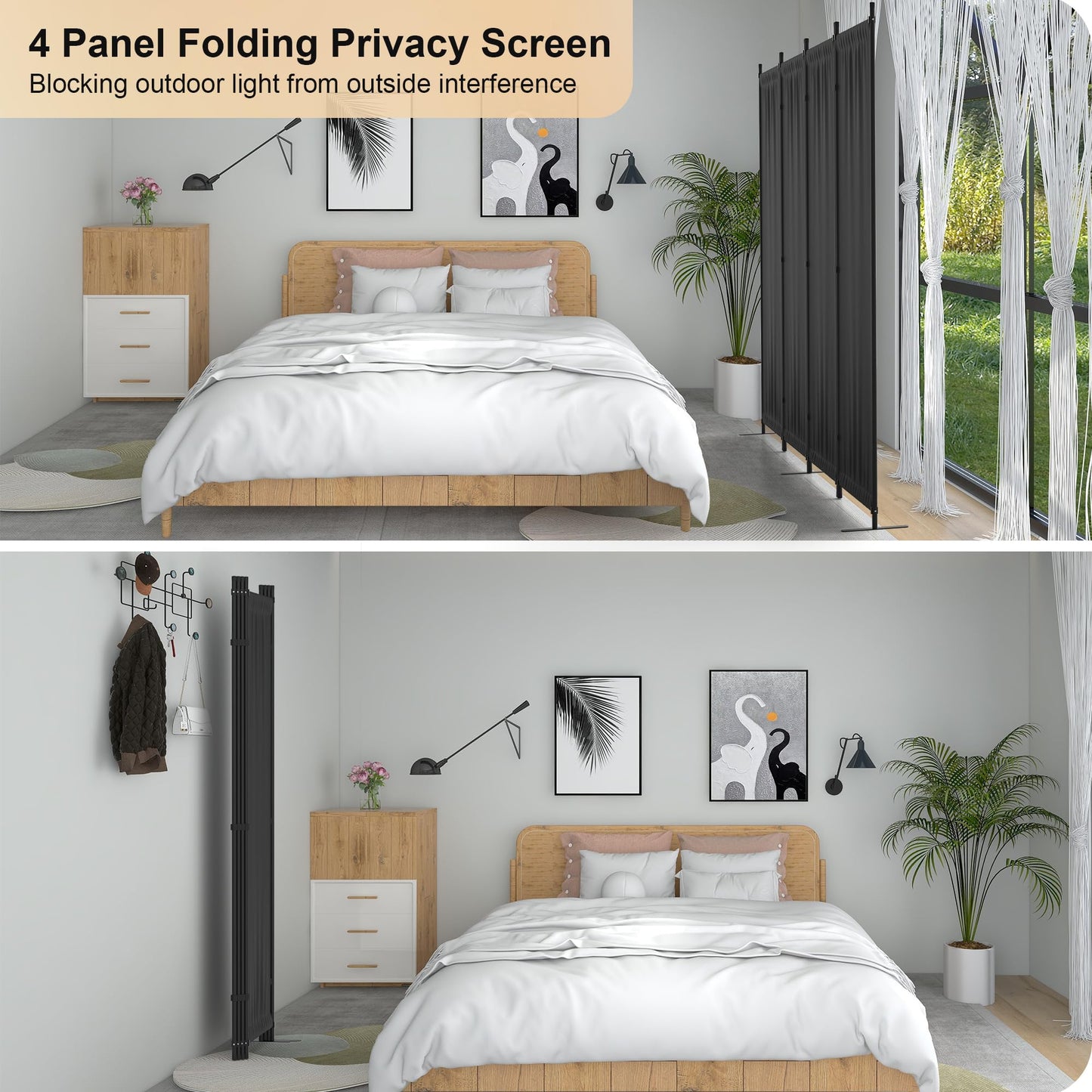 Kecreque Room Divider 4 Panel Partition Room Dividers & Folding Privacy Screens w/ 3 Metal Feet 6FT Portable Wall Doubles as a Dressing Screen Portable Wall for Office Kitchen Children's Room,Black