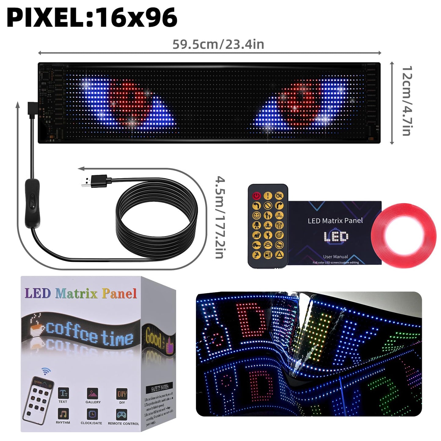 Eachbid Programmable Scrolling LED Sign, 23.4"x4.7", USB Flexible Digital Sign, APP Control, Custom DIY Editor Text, Patterns, Animations, for Car, Store, School, Hotel