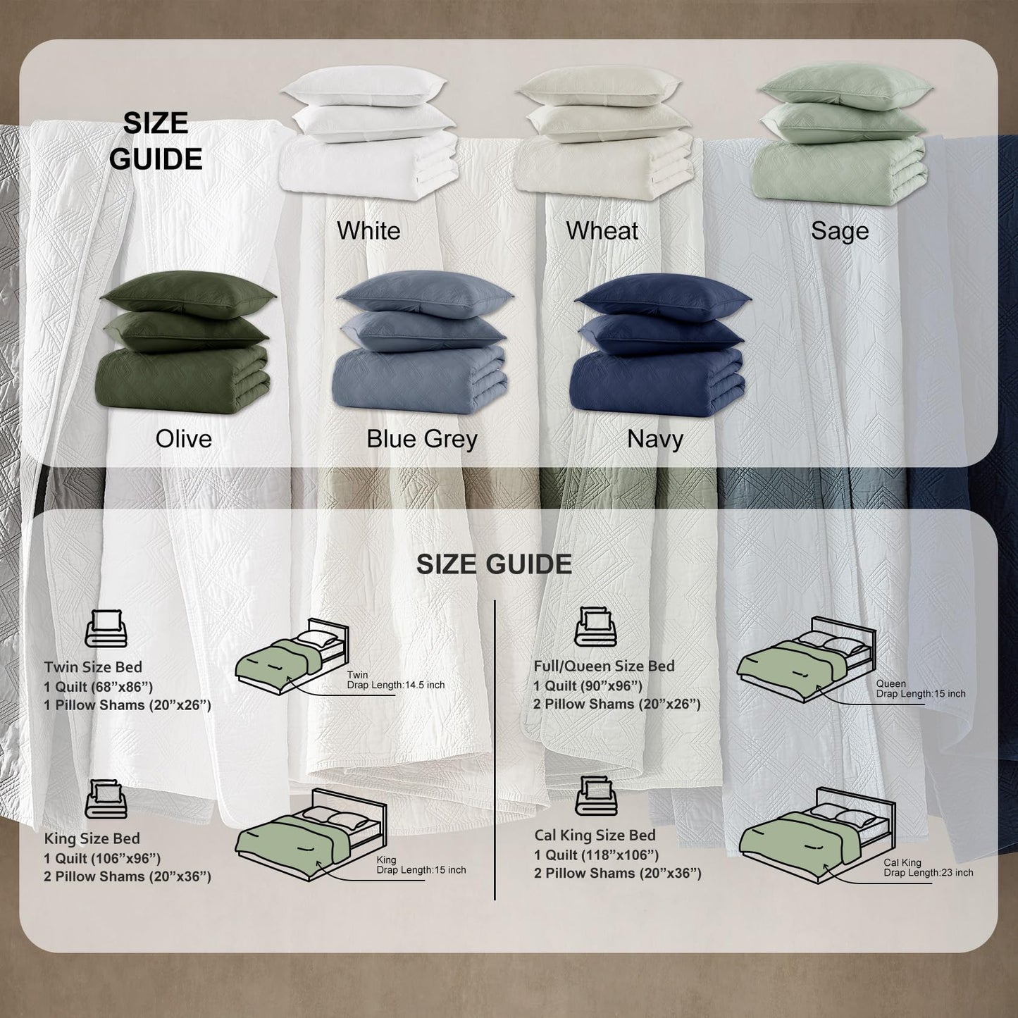 WDCOZY 100% Cotton Queen Size Quilt Set - Olive Green Pre-Washed Soft Lightweight Modern Bedspread, Farmhouse Country Rustic Coverlet, Textured Like Linen, Shabby Chic Gauze Bedding, 3 Pieces