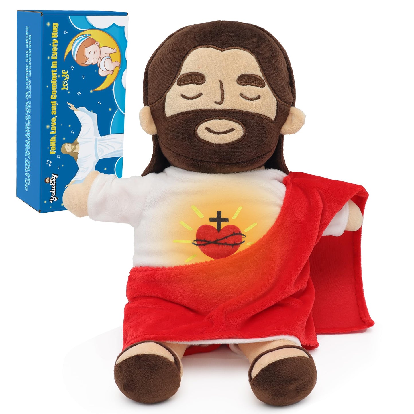 Yelakey Officially Jesus Plush Breathing Soothing Stuffed Animal Heart of Jesus Toy Savior Doll for Church Sunday School Religious Easter Gift (Brown)