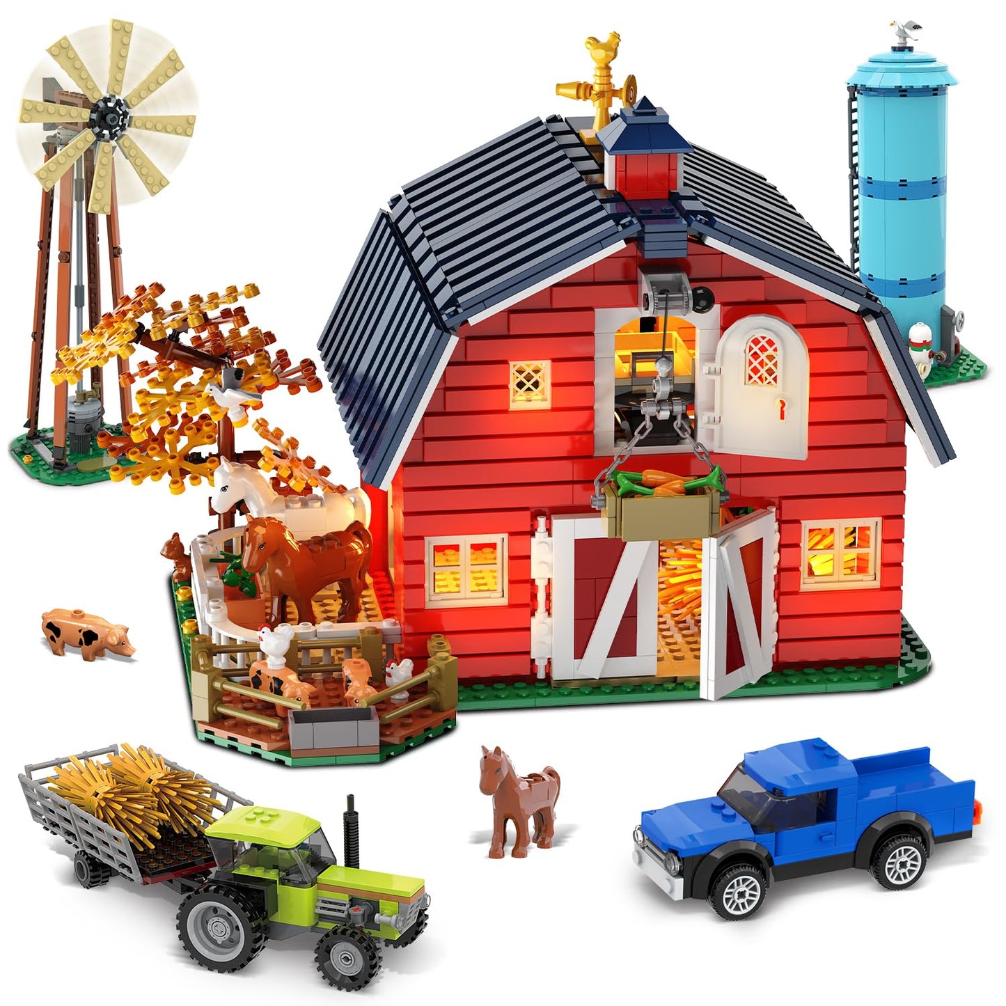 INSOON Western Farm Barn House Building Set with Lights, Newly Enhanced with Reinforced Structure, 1419 PCS Red Barn Building Toy with Animals Horse Tractor Windmill, Gift for Adults Boys Girls 10+