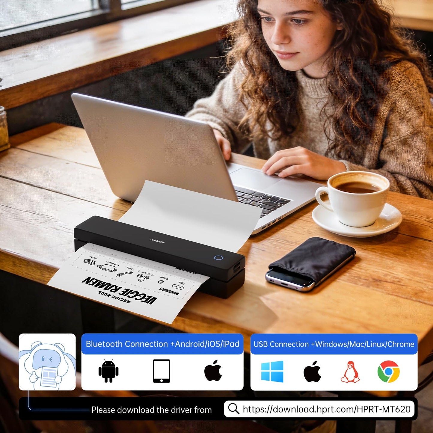 HPRT MT620 Portable Printer Wireless for Travel, Inkless Thermal Printer for iOS/Andorid/Laptop, Supports Thermal Paper & Labels,Supports 8.5"x 11"US Letter & A4, A5 for Office/Home/School/Vehicles