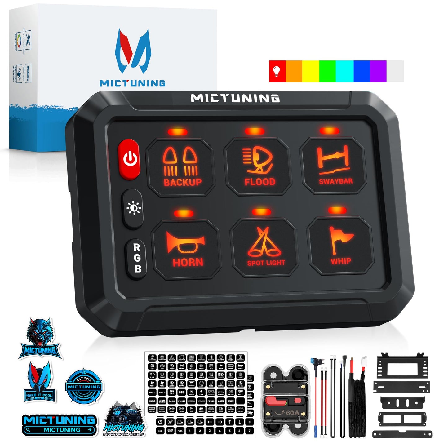MICTUNING P1s RGB 6 Gang Switch Panel, Multifunction Toggle Momentary Strobe Pulsed Switch Pod with Backlit Off 5 Level Brightness Circuit Control Relay System Box for Truck RV Offroad Marine