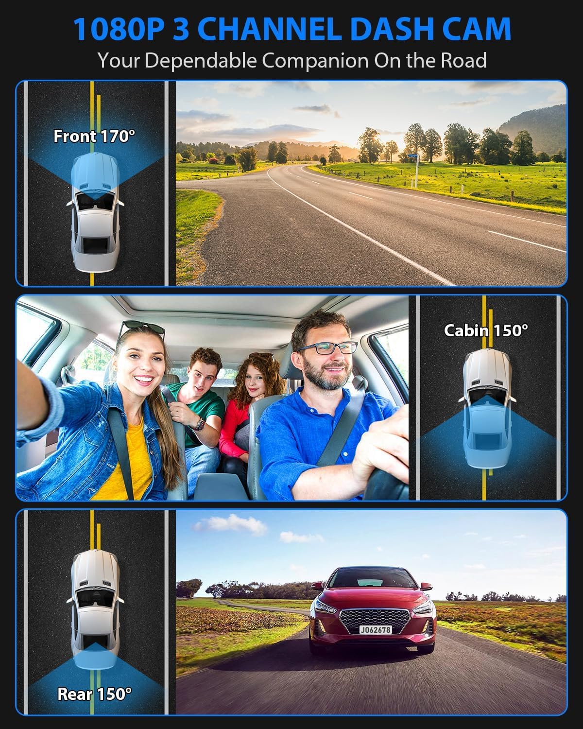 Dash Cam Front and Rear Inside, 3 Channel Dash Camera for Cars, 1080P Triple Dash Cam, Dash Camera with 32GB Card, Loop Recording, HDR, G-Sensor, 24Hr Parking