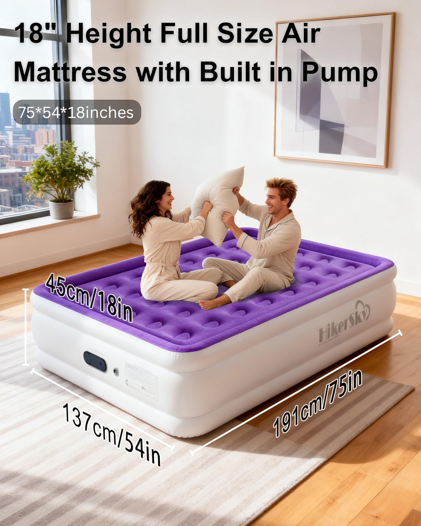 HikerSKY Full Air Mattress with Built in Pump, Inflatable Mattress for Home, Blow up Air Bed 3 Min Quick Inflation and Deflation, Thin Velvet Top, 18'' Full Size Purple