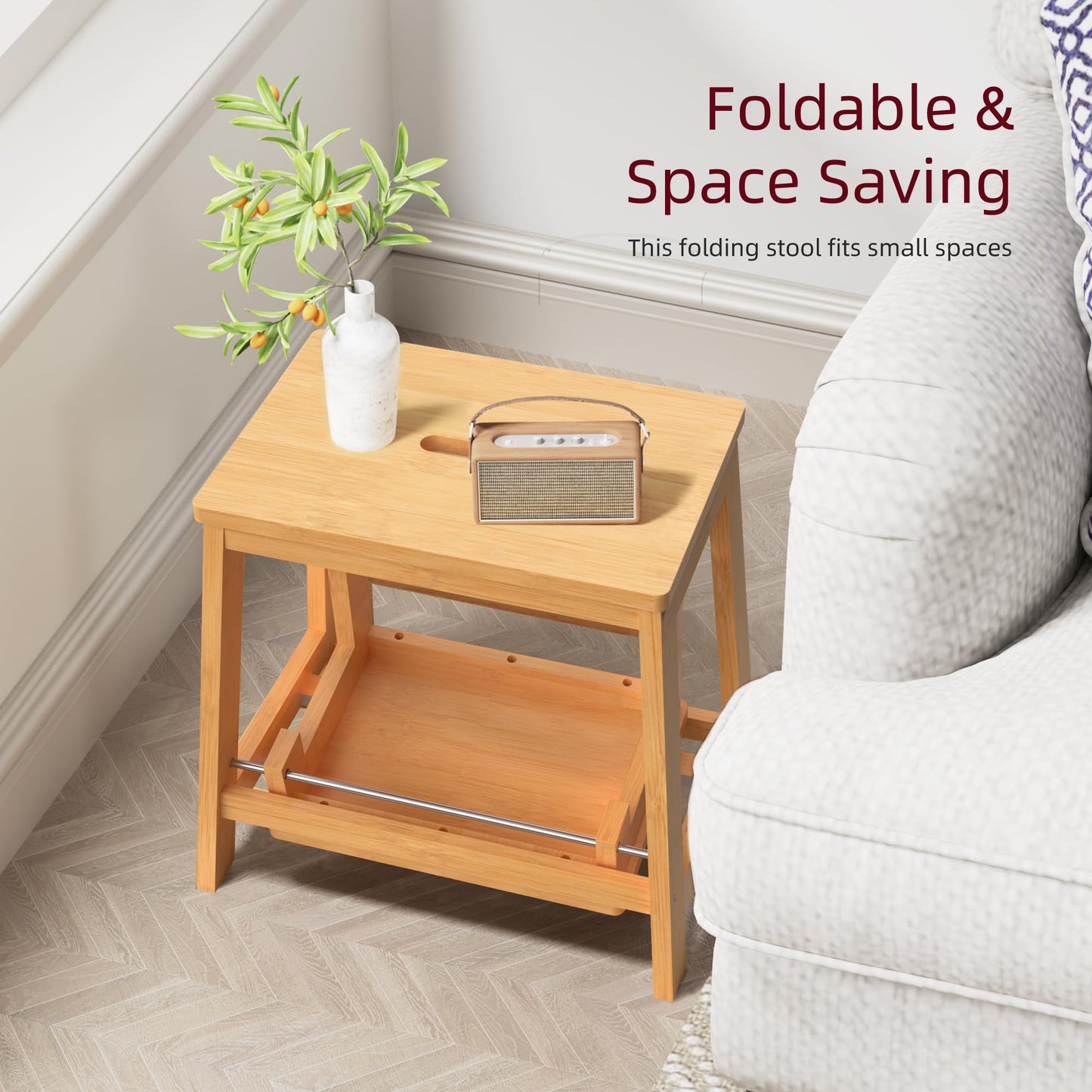 BEKVEM Bamboo Folding Step Stool with Sturdy Structure and Wide Stepping Surface for Safety, Multi-Purpose Foldable Step Ladder for Bathroom,Bedroom,Kitchen Step Stools for Kids & Adults, 400 lbs