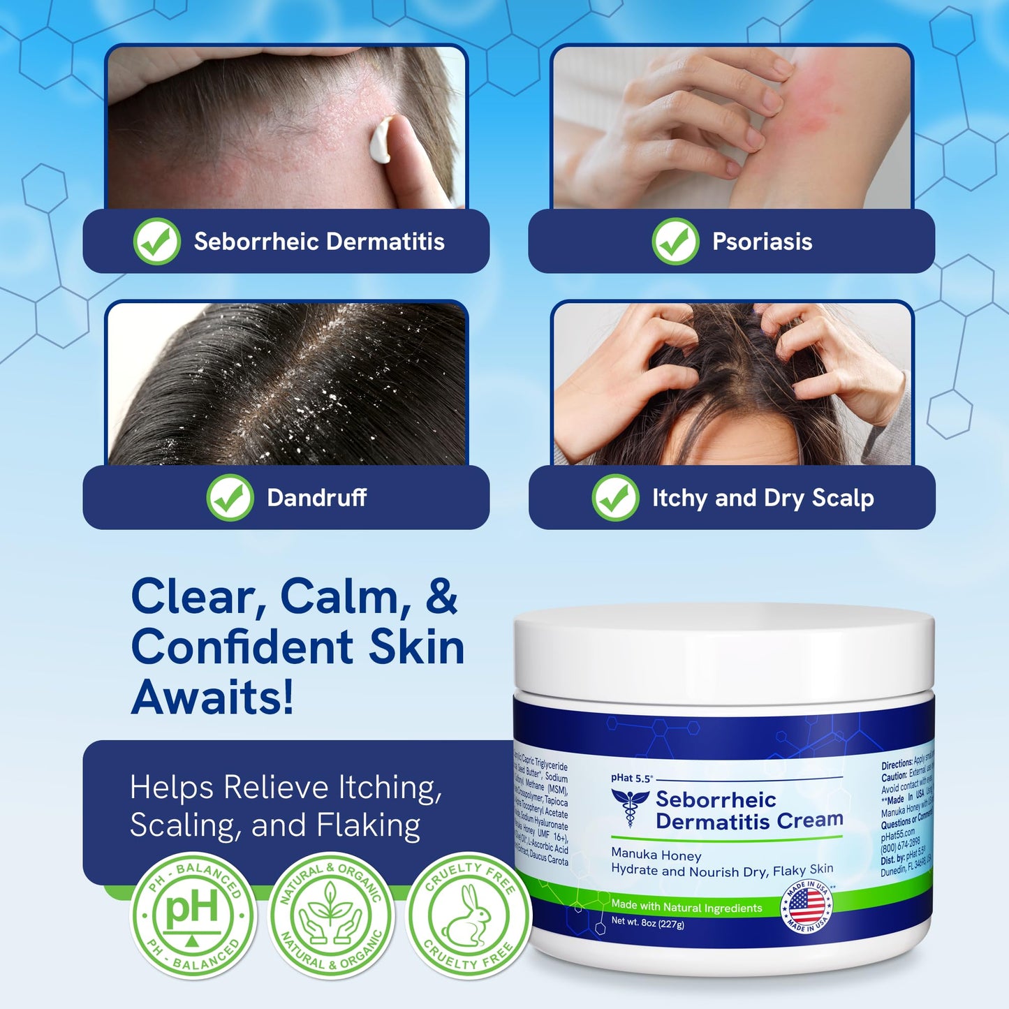 pHat 5.5 Seborrheic dermatitis Moisturizing Cream & Face Lotion for Women - Soothing Redness for Face & Body Cream - Hydrating Face Cream for Dry Skin & Anti Itch Lotion (8oz)