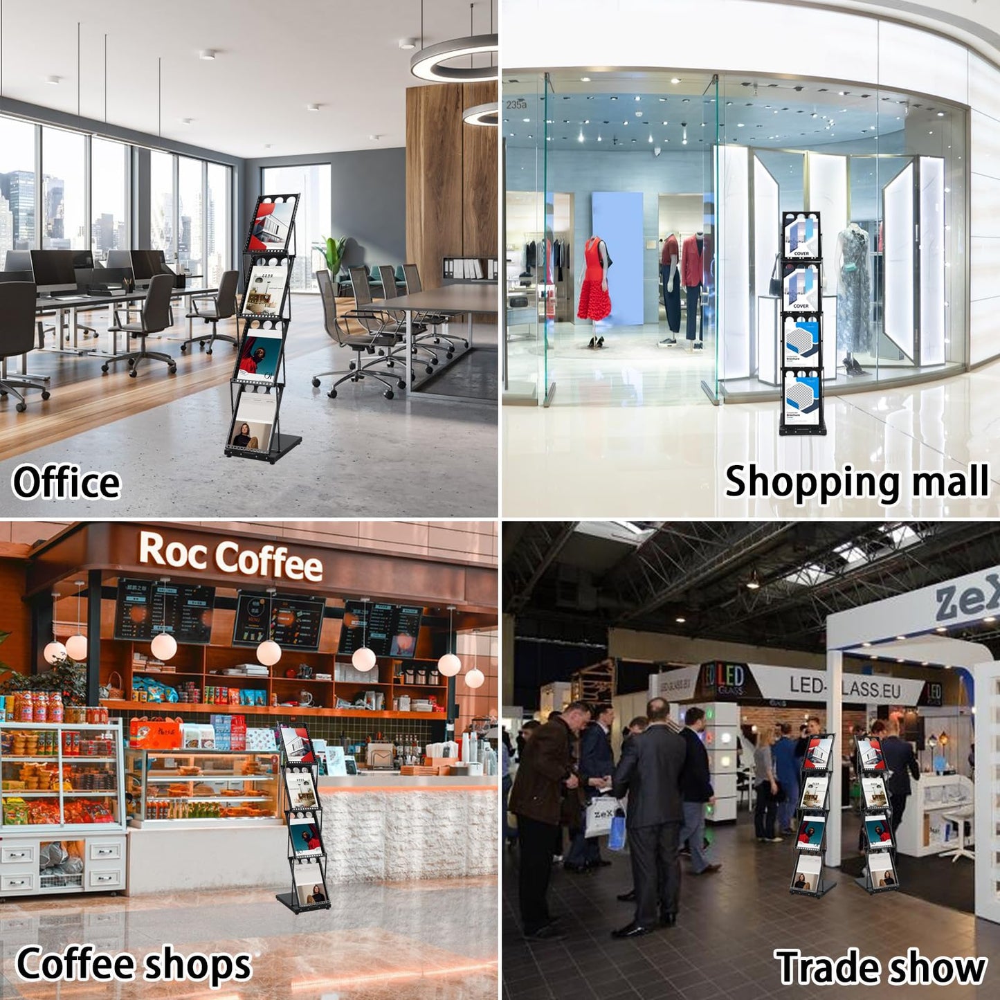 ZLDYPINK Brochure Display Stand Foldable Magazine Rack, Metal Brochure Holder Literature Rack with Carrying Bag, 4 Pockets Literature Stand for Exhibition Trade Show and Office Retail Store, Black