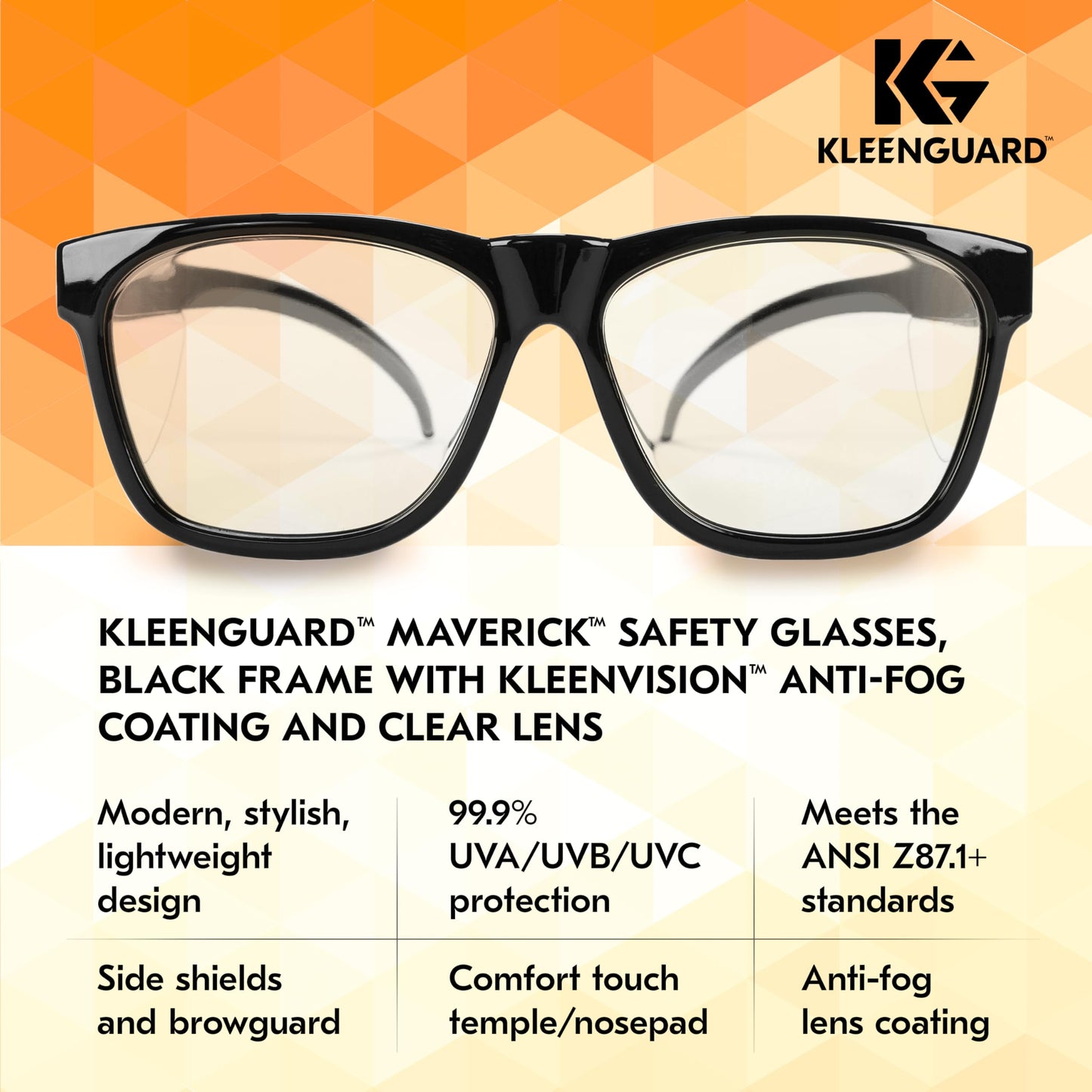 KleenGuard™ V30 Maverick™ Safety Glasses (49309), with KleenVision™ Anti-Fog Coating, Clear Lenses, Black Frame, Unisex for Men and Women (Qty 12)