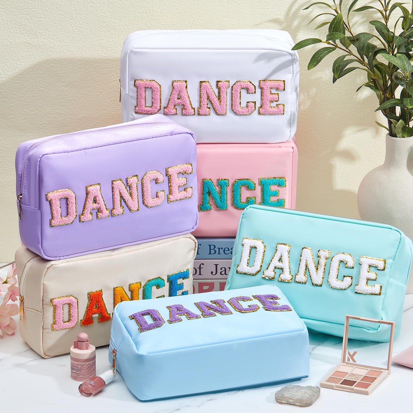 Clysee 12 Pcs Cosmetic Cheer Bag Bulk with Chenille Letter Patches Gifts Nylon Makeup Bag Portable Toiletry Zipper Pouch for Cheerleader Women Travel Accessories(Novel Colors,Dance)