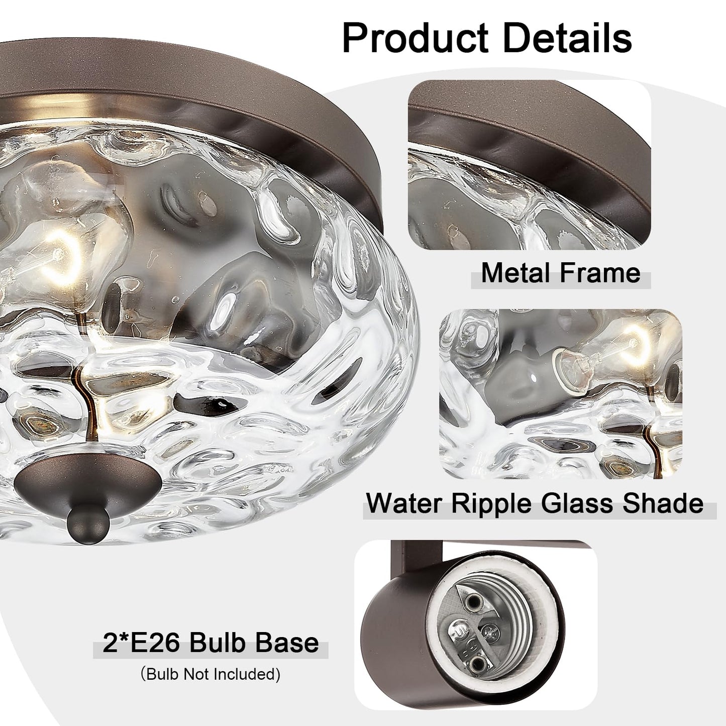Darkaway Ceiling Light Fixtures Flush Mount Indoor Outdoor Ceiling Light with Water Ripple Glass Shade for Hallway Kitchen Bedroom Porch Living Room Bronze Finish