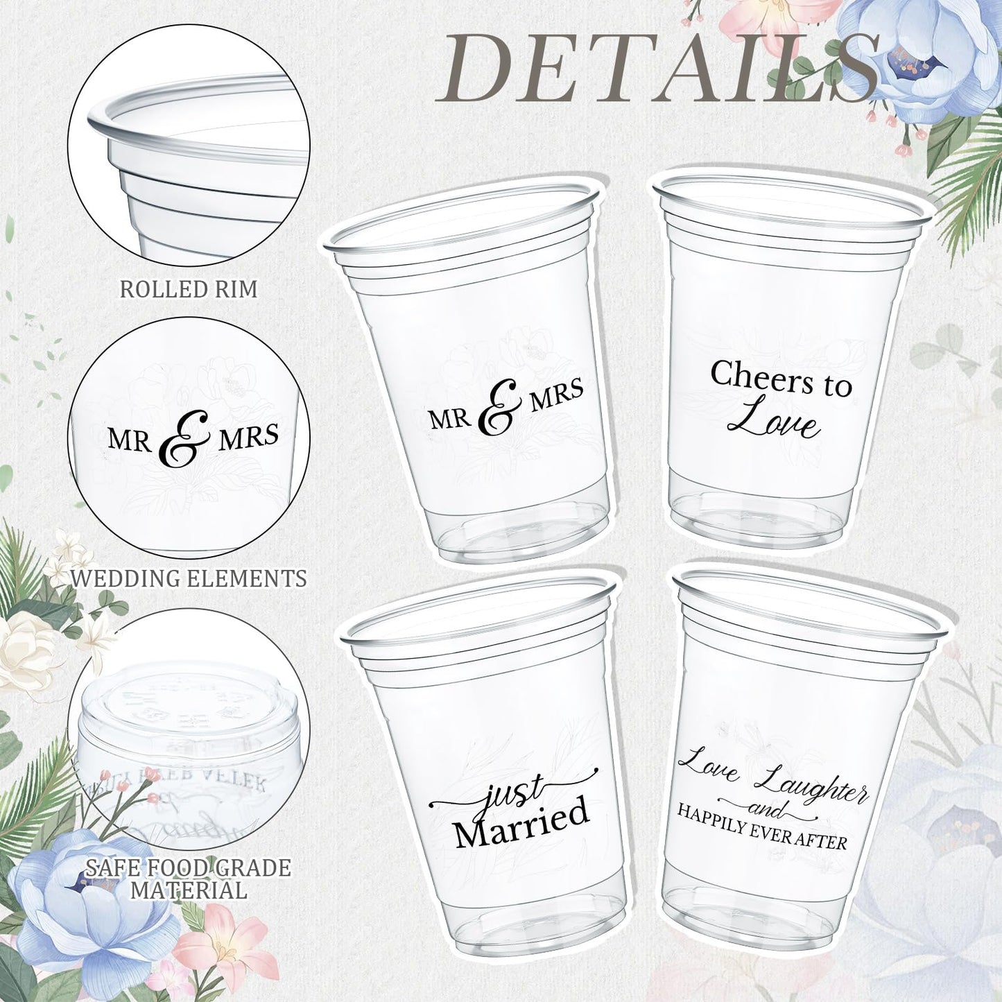 Jingmore 200 Pcs Wedding Plastic Cup 12 oz Wedding Disposable Cups for Reception Thick Clear Cup Happily Ever After Mr and Mrs Just Married Cups for Bridal Shower Decorations (White Floral)
