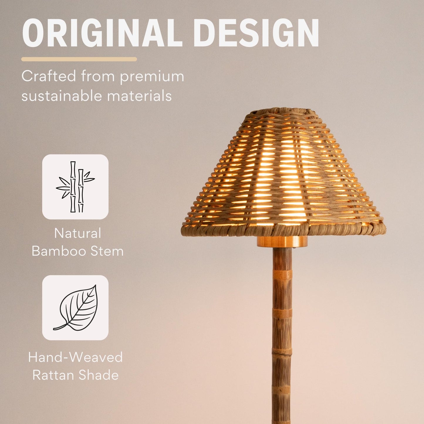 LUXELYKOS Bamboo Cordless LED Table Lamp – Rechargeable 24-Hour Battery, Dimmable Warm Light, 15" Portable Wireless Lamp with Remote for Indoor/Outdoor Use, Home, Patio, Restaurant – Natural Rattan