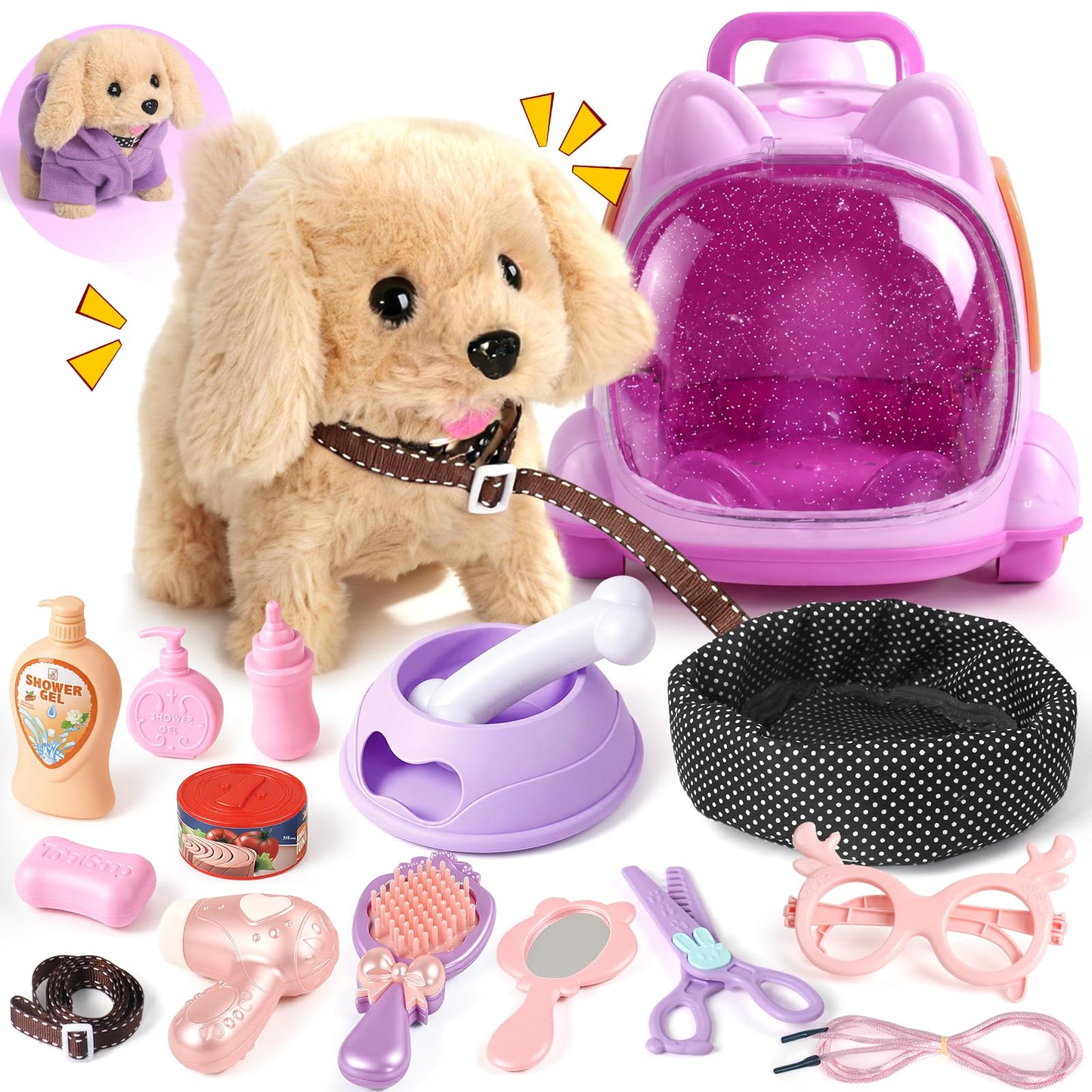 17 Pcs Robot Dog Toys for Girls 3 4 5 6 Year Old, Mini Interactive Realistic Walking Barking Robot Puppy Toys, Pet Care Pretend Play Set with Van Carrier & Grooming Set, Birthday Gifts for Girls 3-8