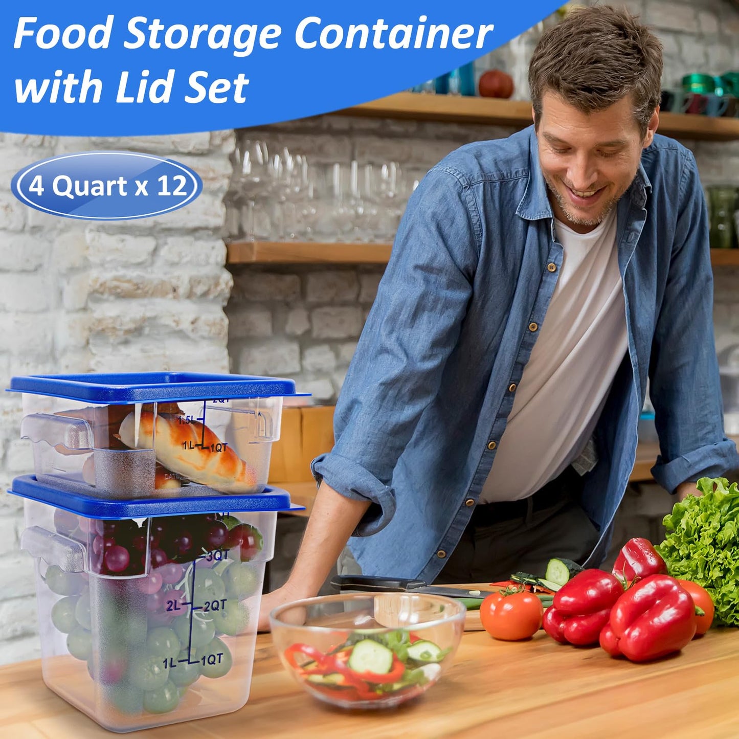 Yungyan 8 Pcs Restaurant Food Storage Containers with Lids Set 2Qt and 4Qt Commercial Restaurant Square Storage Containers Clear Food Cereal Container for Kitchen Freezer (Blue Lids)