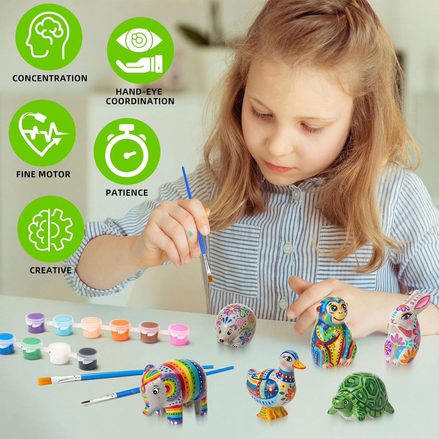 DoubleFill 12 Pcs Rock Painting Kit Paint Your Own Resin Shaped Stone Like Material Animal Figures Ideal DIY Arts and Crafts Complete Painting Crafts with Paint, & Brush