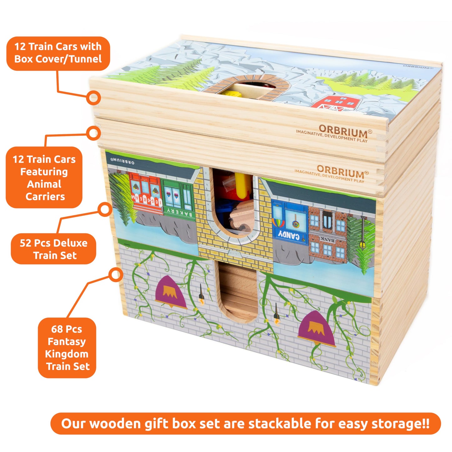 ORBRIUM 68 Pcs Fantasy Kingdom Adventure Wooden Train Set in Wooden Storage Box Unisex Children Toys Girls Boys 3 4 5 6 7 Years Compatible with Thomas, BRIO, Melissa and Doug, Imaginarium, IKEA