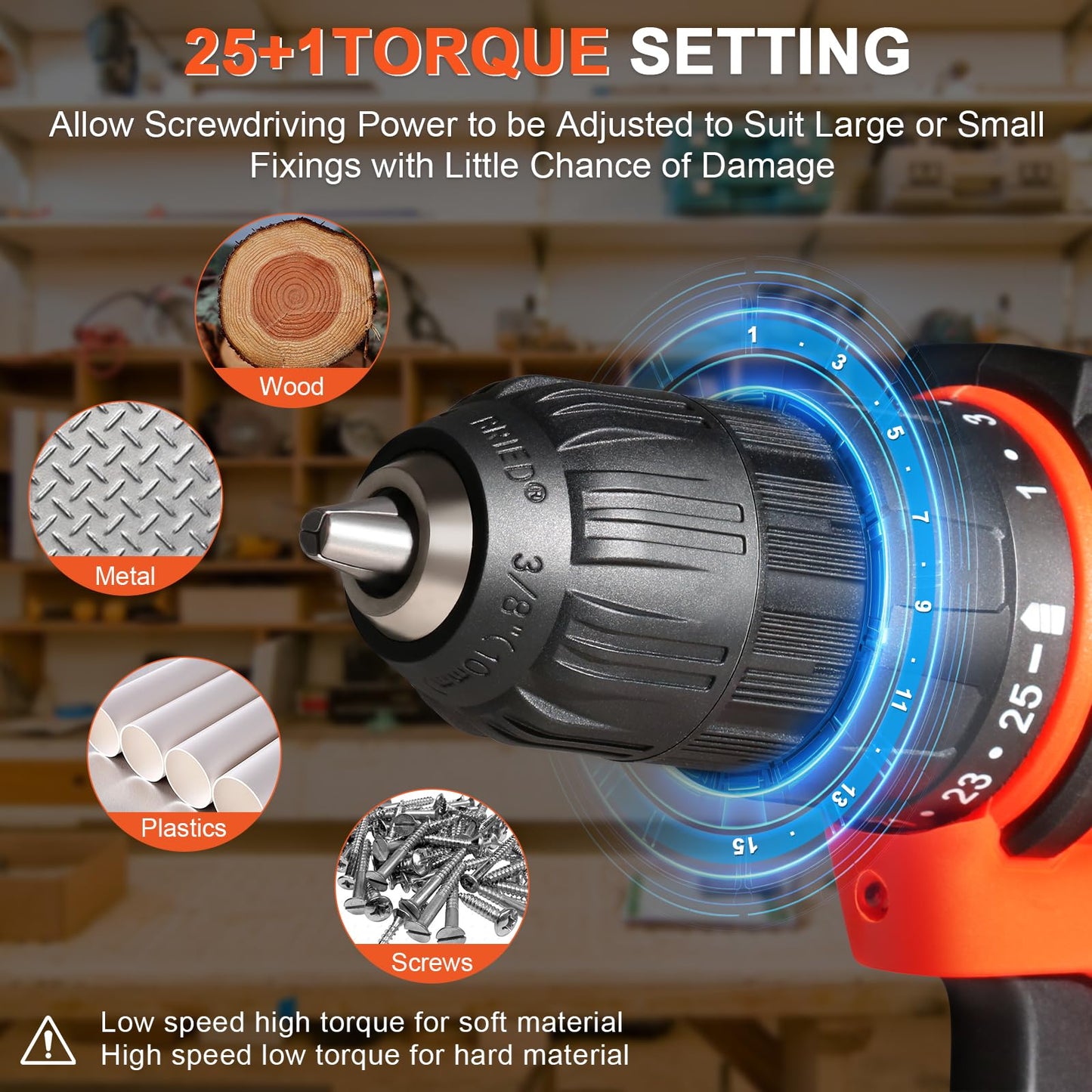 20v Drill Driver Set,Cordless Drill with Battery and Charger,LED Tools Kit,25+1 Torque Setting and 43pcs Bits