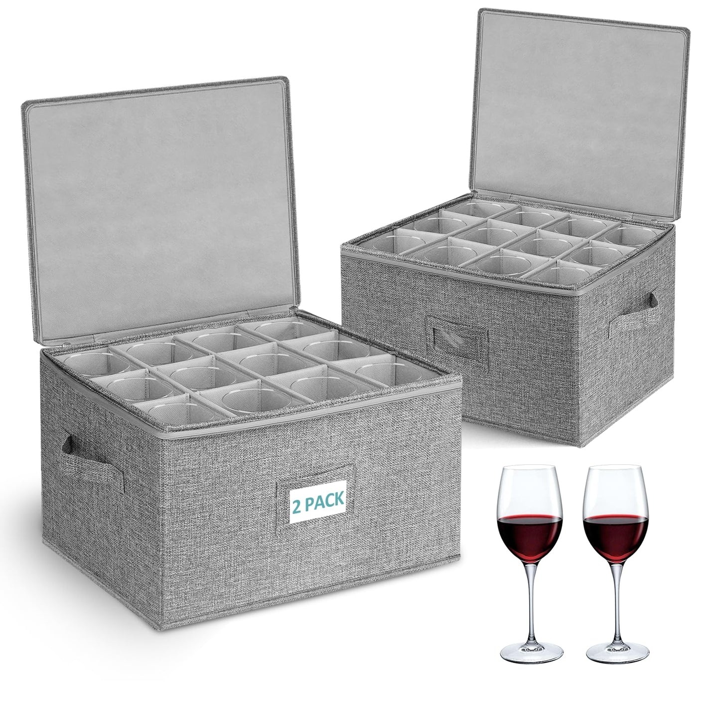 Cirhy Wine Glass Storage Box Hard Shell, Stemware Storage Containers for Moving, Holds 24 Crystal Glasses & Flutes, Stackable Glassware Chest with Dividers, Grey (2-Pack)