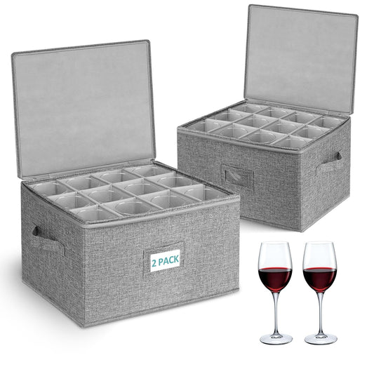 Cirhy Wine Glass Storage Box Hard Shell, Stemware Storage Containers for Moving, Holds 24 Crystal Glasses & Flutes, Stackable Glassware Chest with Dividers, Grey (2-Pack)