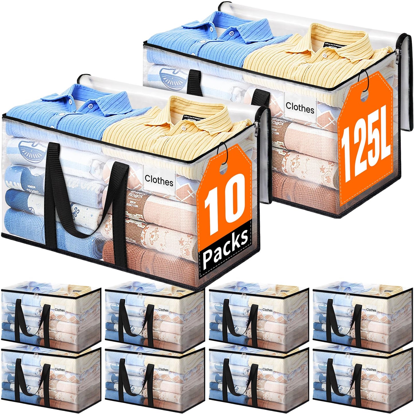 EpicTotes Extra Large Heavy Duty Moving Bags, Storage Bags with Strong Zippers & Handles, Packing Bags for Moving Essentials, Ideal Storage Tote for Home, Dorm & Storage Solutions, 125L 10 Packs Clear