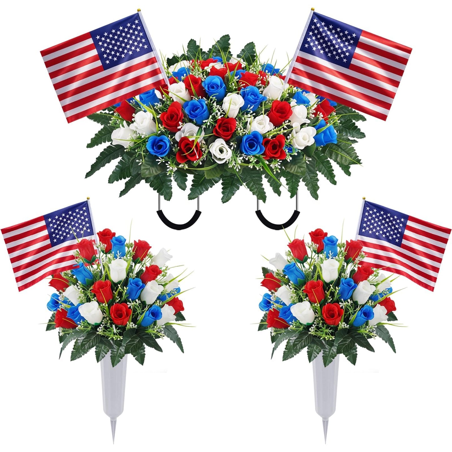 Luabue Artificial Cemetery Flower Grave Saddles for Headstone Roses red White and Blue Artificial Flowers with Flags Memorial Day Decorations for Grave Veterans Patriotic 4th of July Independence Day