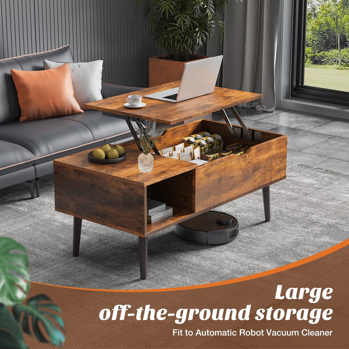 Sweetcrispy Wood Coffee Table Lift Top Coffee Tables for Living Room Office, Small Rising Wooden Center Tables with Large Storage Shelf and Hidden Compartment, Brown