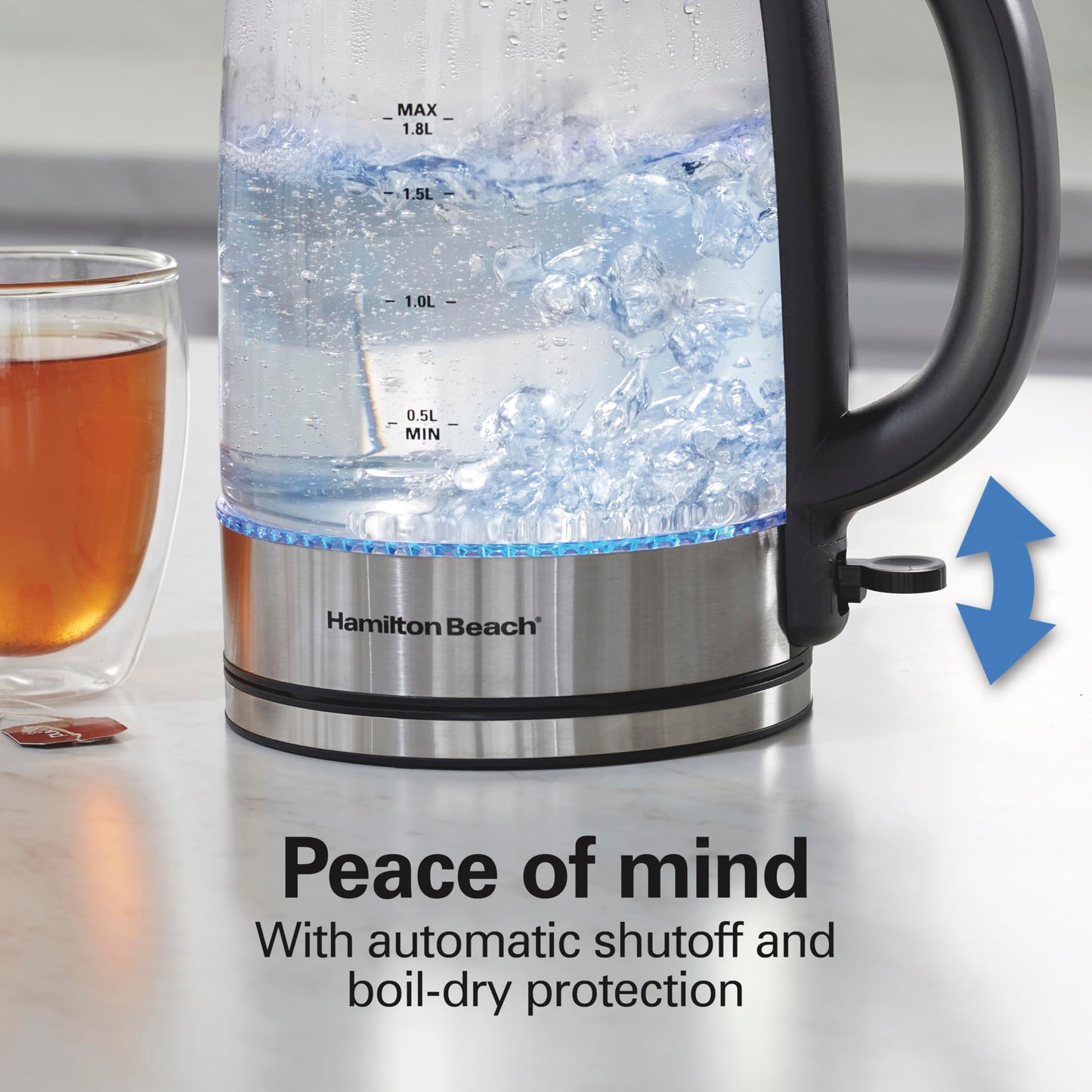 Hamilton Beach Electric Tea Kettle, Water Boiler & Heater, 1.8 Liter, 1500 Watts for Fast Boiling, BPA Free, Cordless Serving, Auto-Shutoff & Boil-Dry Protection, Blue LED, Glass (40853C)