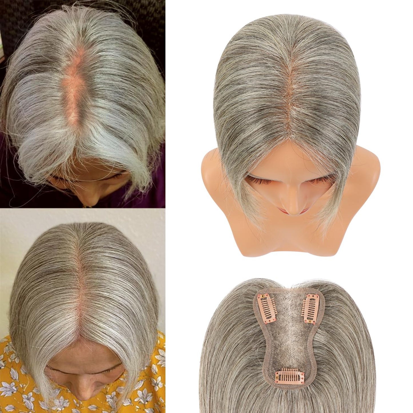 Uaismewow Hair Toppers for Women Real Human Hair Grey Hair Toppers Clip in Hair Toppers Human Hair Remy Hair Toppers for Women with Thinning Hair Real Human Hair 10inch Hair Toppers for Women