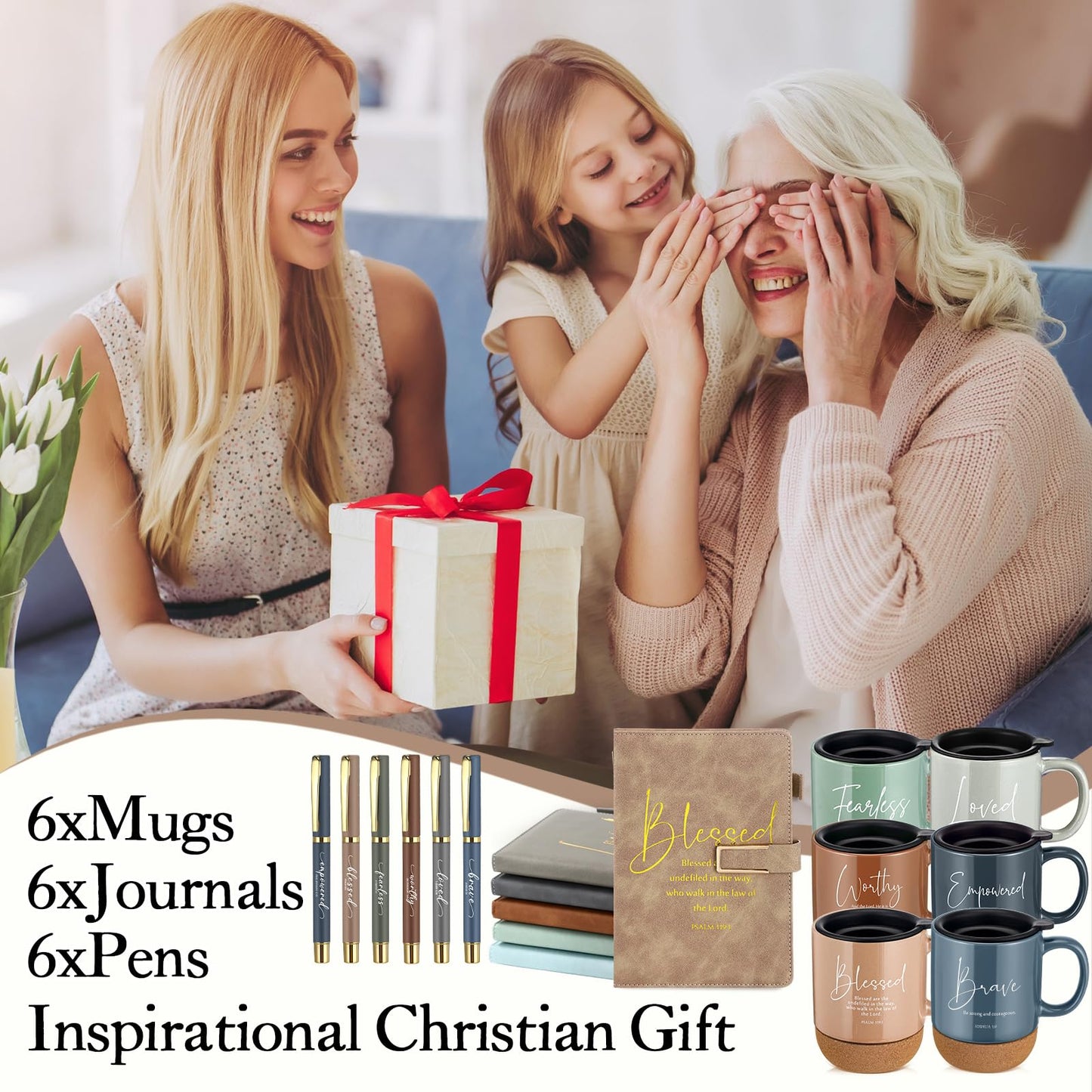FillTouch 6 Set Fathers Day Christian Gifts for Men,Religious Church Gifts Bulk A5 Christian Journal Notebook 15 oz Bible Verse Ceramic Coffee Mug Pen Set for Office Supplies (Light Color,Classic)