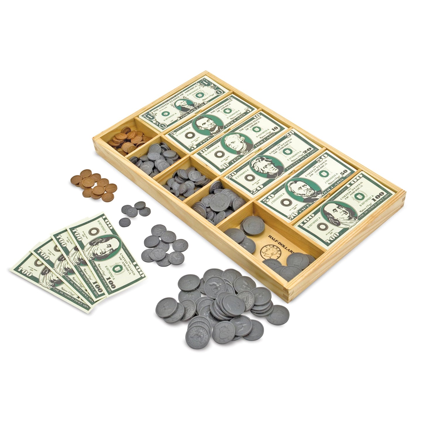Melissa & Doug Classic Play Money Set, Developmental Toys, 50 of Each Denomination, Wooden Cash Drawer (45.085 cm H x 26.035 cm W x 3.175 cm L)