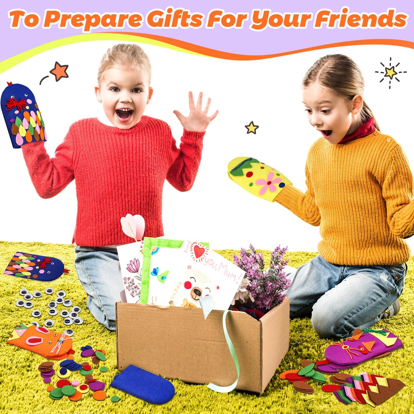 Liliful 32 Pcs Hand Puppet Making Kit Felt Arts and Crafts Sock Puppet Toys Creative DIY Make Your Personal Puppets Kits Eyes Felt Accessories Storytelling Role Play Party Supplies