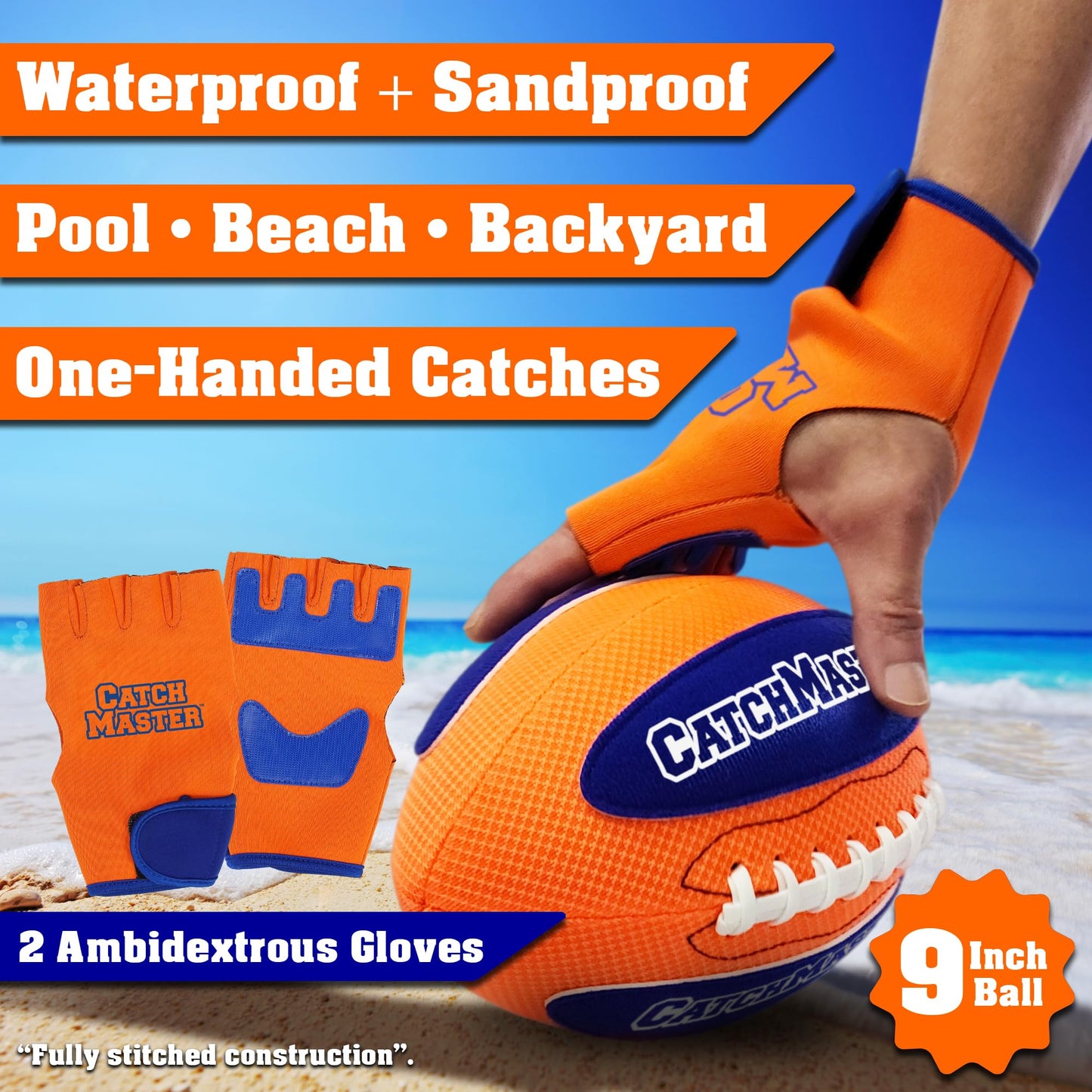 CatchMaster Water Football Set – Pool & Beach Easy Catch Hook-and-Loop Ball + 2 Gloves, Waterproof Outdoor Backyard Game