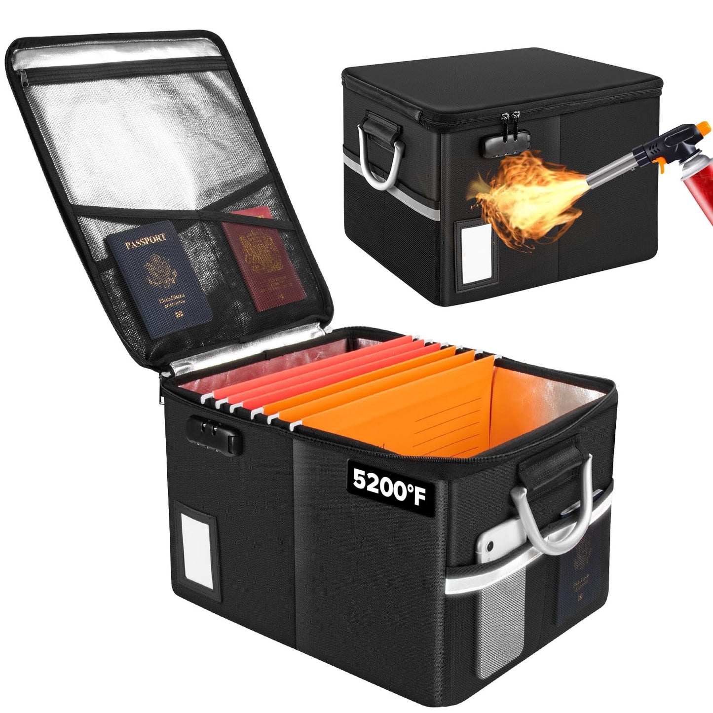 TOMKID 5200°F Fireproof Document Box, Fire Important Document Organizer with Lock, Upgraded Heat Insulated Filing Storage Cabinet Office Organization (5200°F Fireproof Box, Black)