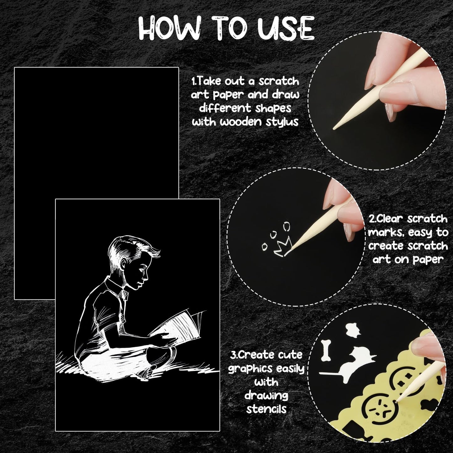 Noveread 200 Sheet Scratch Paper Art Set 8.5 x 11 Inch Black Coated Scratchboard Black Scratch Paper with Wooden Stylus and Stencils DIY Scratch Painting Art Paper for Adults