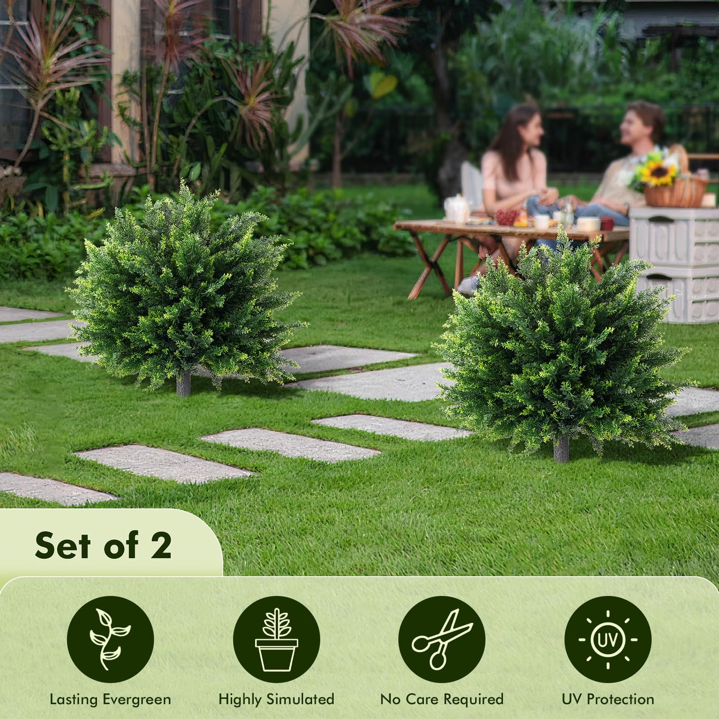 26" Artificial Cypress Topiary, 2pcs Artificial Cedar Topiary Ball Trees with Ground Spike, Outdoor Faux Shrubs with UV Resistant, Lasting Evergreen Bushes Push in Ground Plants for Front Porch