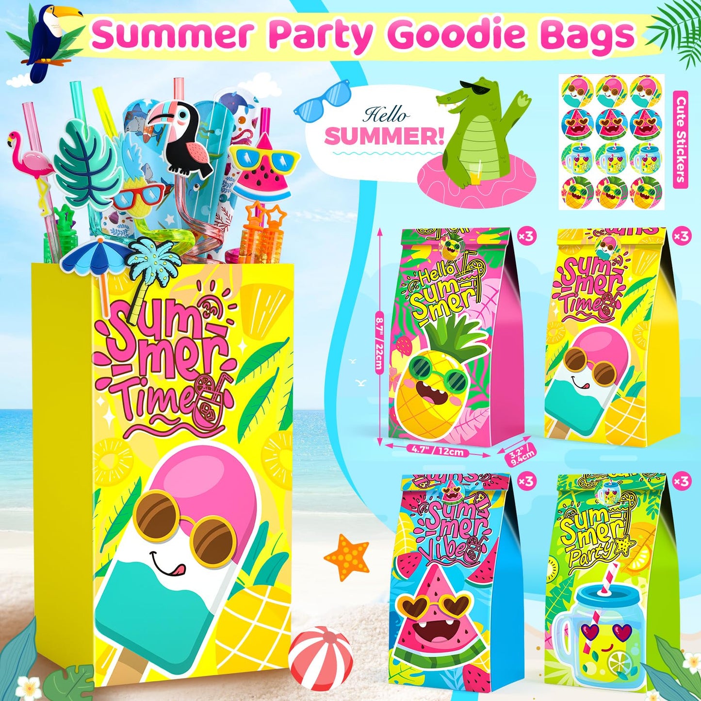 Pool Party Favors and Beach Party Favors - 120 PCS Party Bag Stuffers Including Beach Balls, Summer Theme Straws, Bubble Wands, and more for Beach Pool Party Favors, Birthday Party Supplies 4-8 8-12