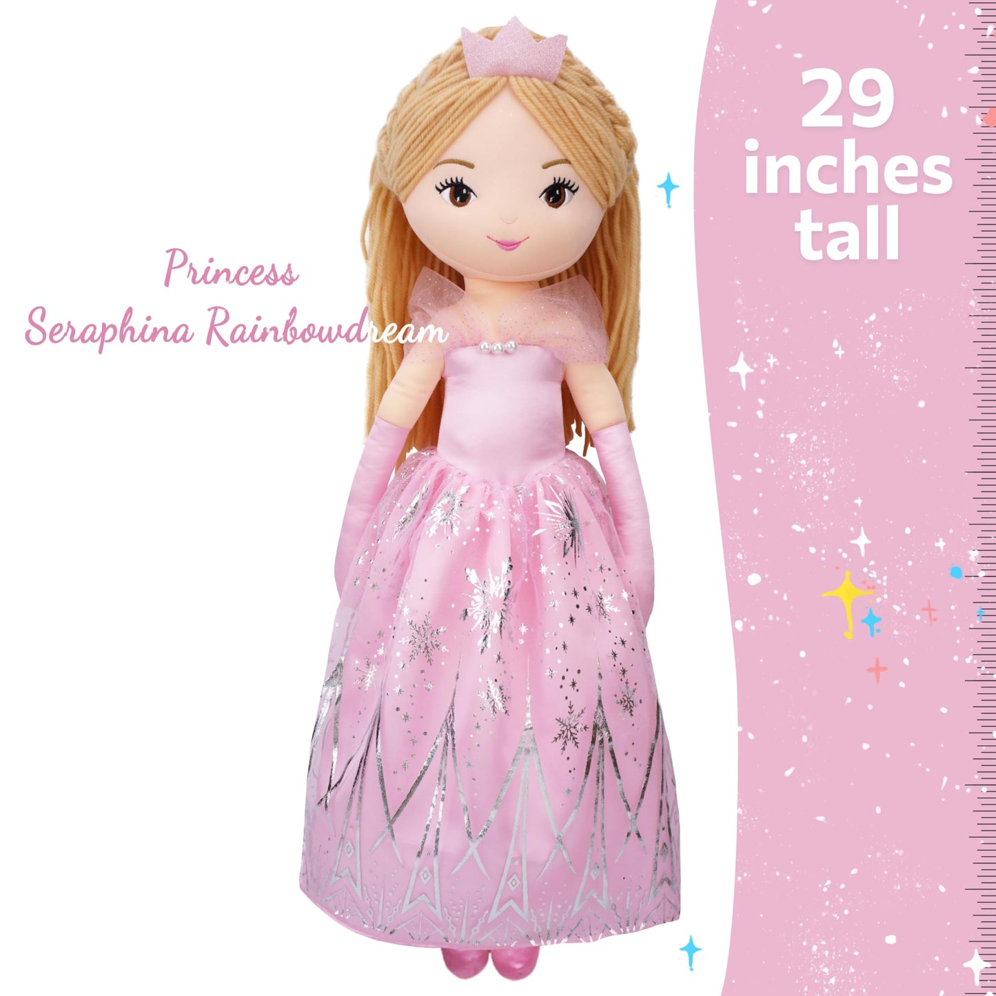 June Garden 30" XL Princess Seraphina Rainbowdream Soft Rag Doll - Adorable Stuffed Life Size Doll Gift for Girls - Pink Dress