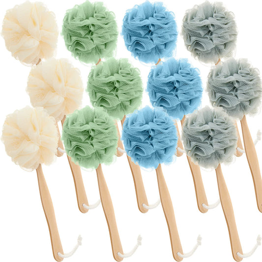 12 Pieces Large Loofah on a Stick Shower Loofah with Long Handle Back Scrubber for Shower PE Body Bath Sponge Soft Spa Mesh Brush Wash Exfoliating Luffas for Men Women, 4 Colors